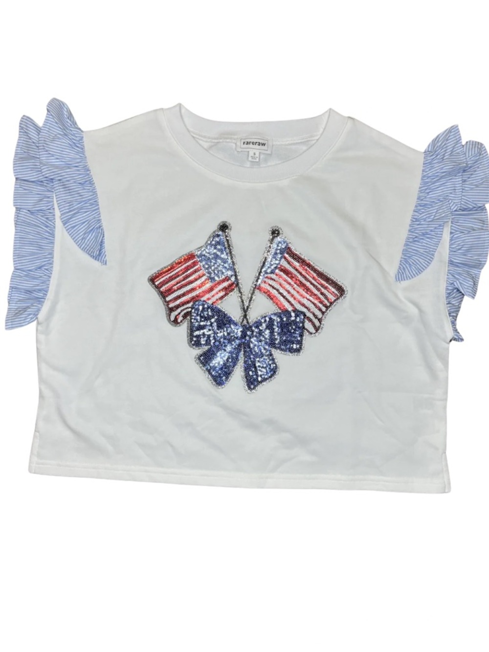 Rare Raw Patriotic Sequin Flag Bow Ruffle Sleeve Top White Blue Size Small